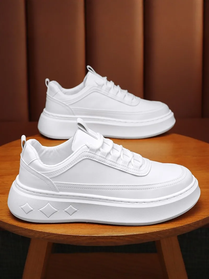 Men's Fashionable Thick Bottom Sports Shoes Leather Surface Casual Increase Height All-Match White Shoes for Youth