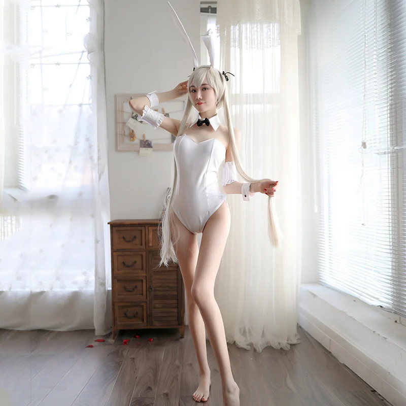 Senhoras Branco Bunny Girl Uniforme Erótico Sexy Mulheres Noite Clubwear Fantasias de Coelho Bonito Japonês Impertinente Lingerie Bodysuit