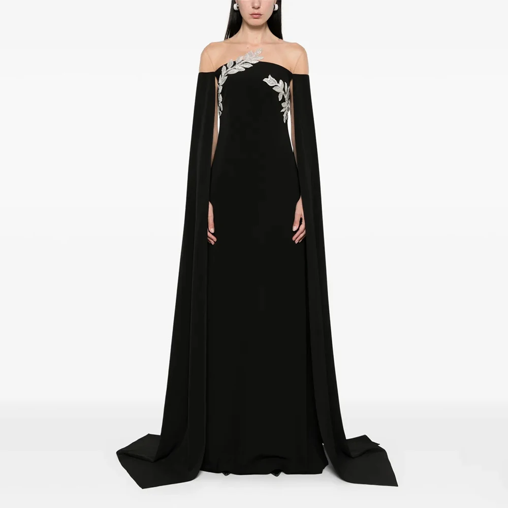 

Elegant Black Evening Gown Sheath Prom Dress Floor Length Formal Party Dress Cloak Sleeves Appliques Saudi Arabia Dress