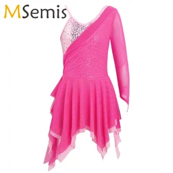 Sequins Figure Skating Dress Kids Girls Long Sleeve Mesh Splice Stage Lyrical Dance Costumes Ballet Gymnastics Leotard Dress