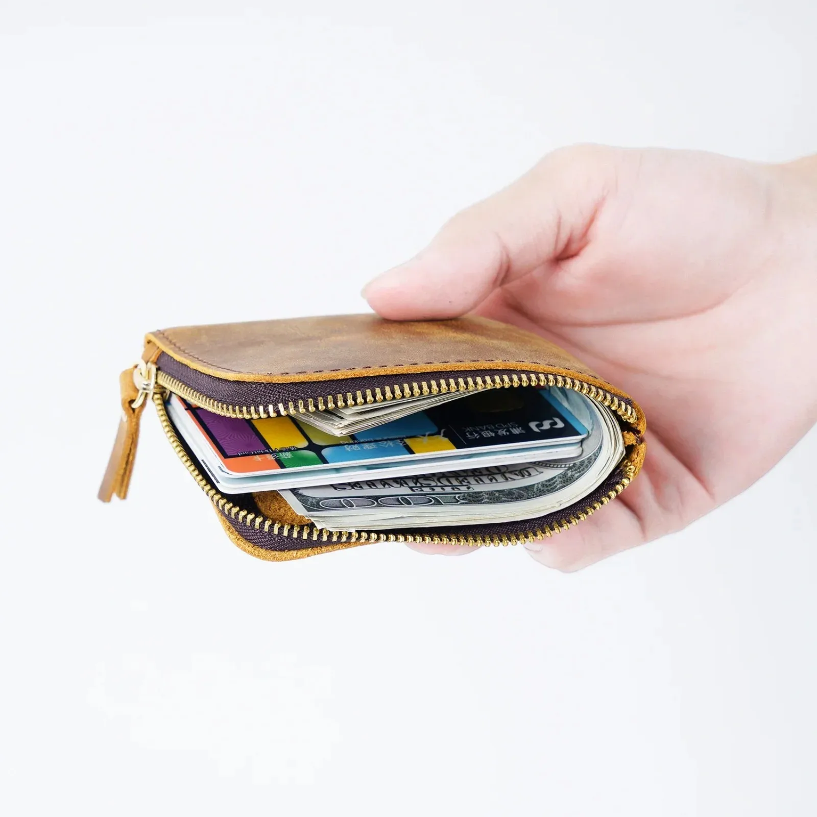 Genuine Leather Credit Card Holder Vintage Leather Zipper Front Pocket Wallet Small Purse Change Holder for Men Women