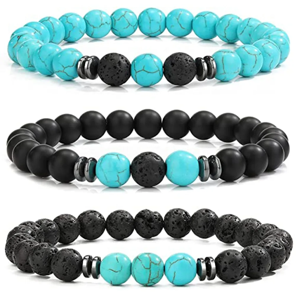 

12pcs 8mm Black Lava Stone Fake Malachite Turquoise Beads Bracelet Tiger Eye Elastic Stretch Jewelry for Lover Couple Women Men