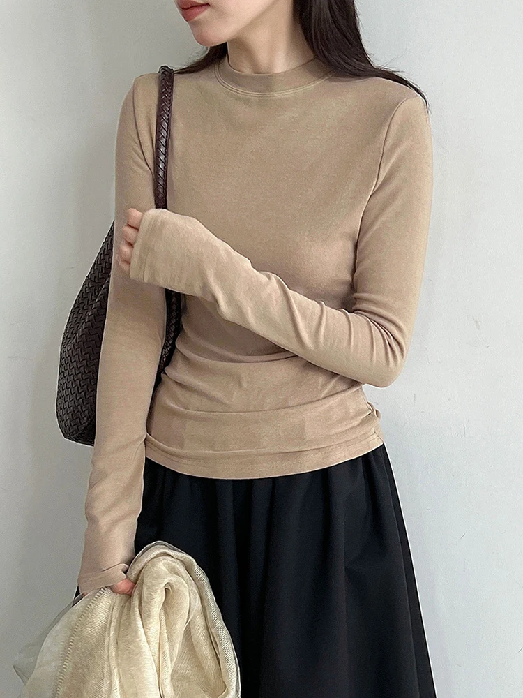 Women Apricot Brief Plain Color Slim Elegant T-shirt New Turtleneck Long Sleeve Fashion Tide Spring Autumn