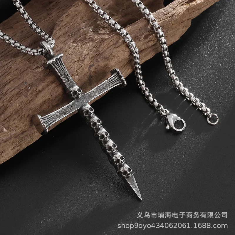 Wholesale Retro Gothic Cross Skull Titanium Steel Pendant Punk Hip Hop Style Unisex Fashion Jewelry Necklace Accessories