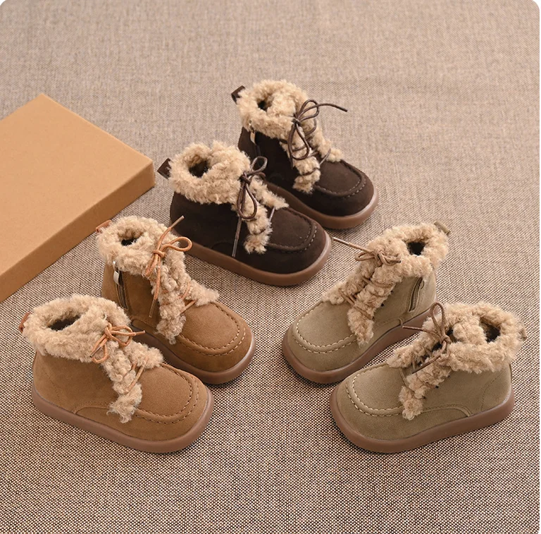 Children Thick Sole Suede Snow Boots Girls Casual Warm Anti-slip Winter Cotton Shoes Casual Outdoor Fashion Flat Footwear