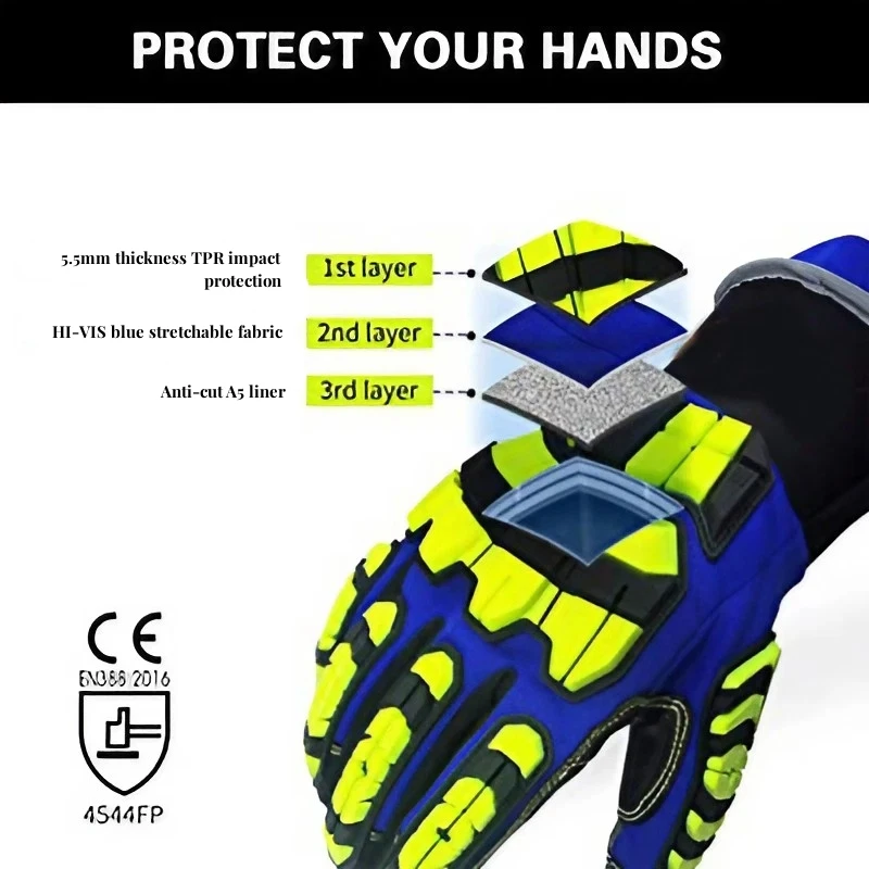 XYEHS ANSI CUT A5 Rescue Extrication Safety Work Gloves TPR Knuckle & Fingers Impact Oil & Water-Resistant w/ Reinforced Palm