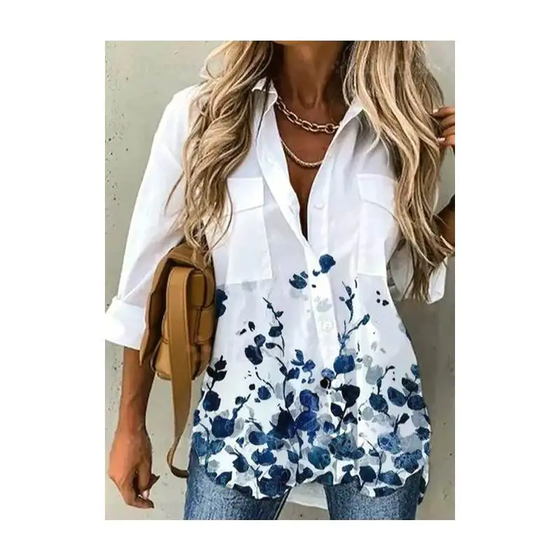 

Women's White Long Printed Pullover irt ort SVE Sle Loose Fit Summer Faion Ladies' Premium Quali Polyester Fiber