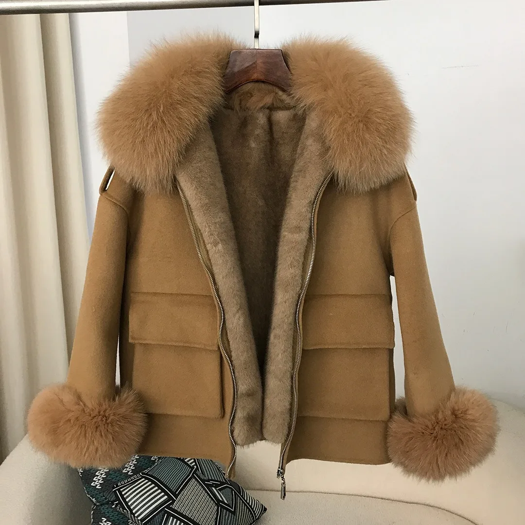 Double-sided Wool Coat Removable Inner Liner Plus Fleece Short Fur Jacket 2024 Autumn Winter Fox Fur Collar Jacket Real Fur Coat