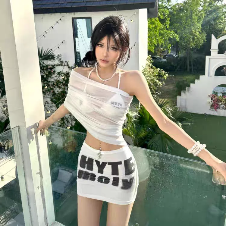 

2026 Sexy One-oulder Letter Print Bikini Four-Piece Set Women's Separable Swimsuit Slimming Swimwear Faionable Poolwear