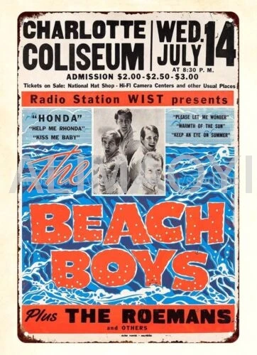 ملصق حفلة موسيقية من Beach Boys Charlotte Coliseum لعام 1965، لافتة معدنية من القصدير حيث تسوق الألومنيوم