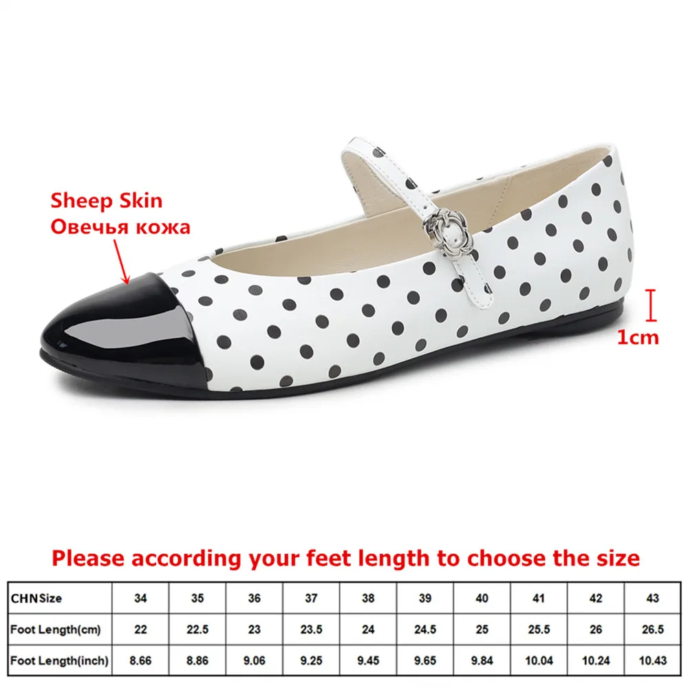 Aucegi Hot Sale Round Toe Comfortable Mary Janes Flats Polka Dot Genuine Leather Slip On Casual Daily Walking Ladies Dress Shoes