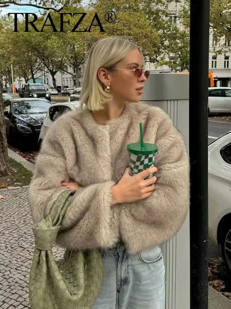 HH Vrouwen Mode Effen Nepbontjas O Hals Lange Mouw Cropped Jas Herfst Winter Vrouwelijke Mode High Street Bovenkleding