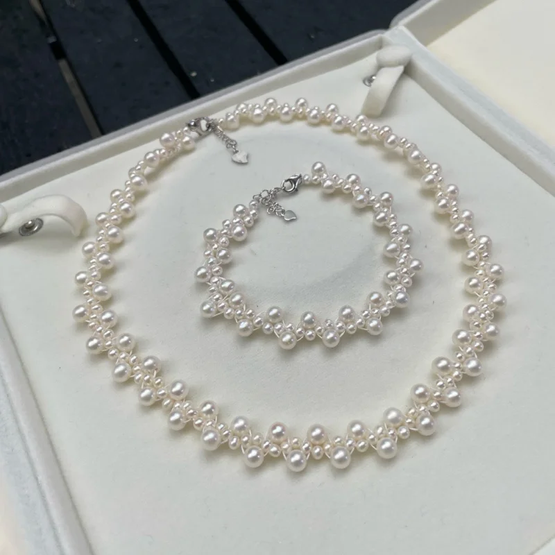 Elegance Outfit Handmade 925 Silver Clasp Extension Chain 3-5mm Freshwater Pearl Necklace Wedding Jewelry Sets