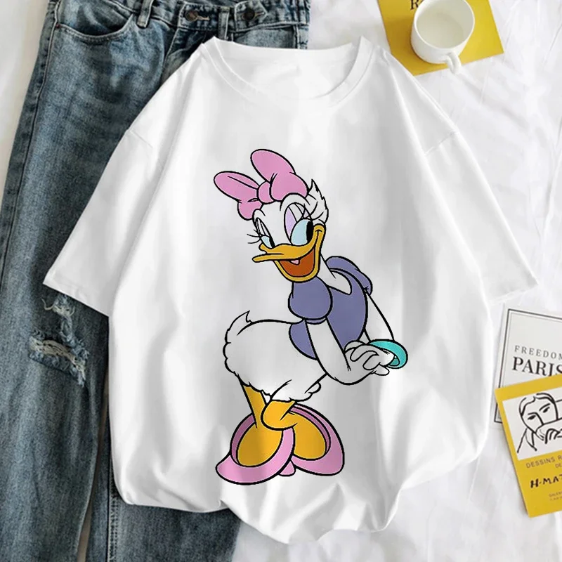 Branco topos pato donald margarida dos desenhos animados impressão camiseta feminina harajuku estética tshirt moda y2k feminino t camisa roupas