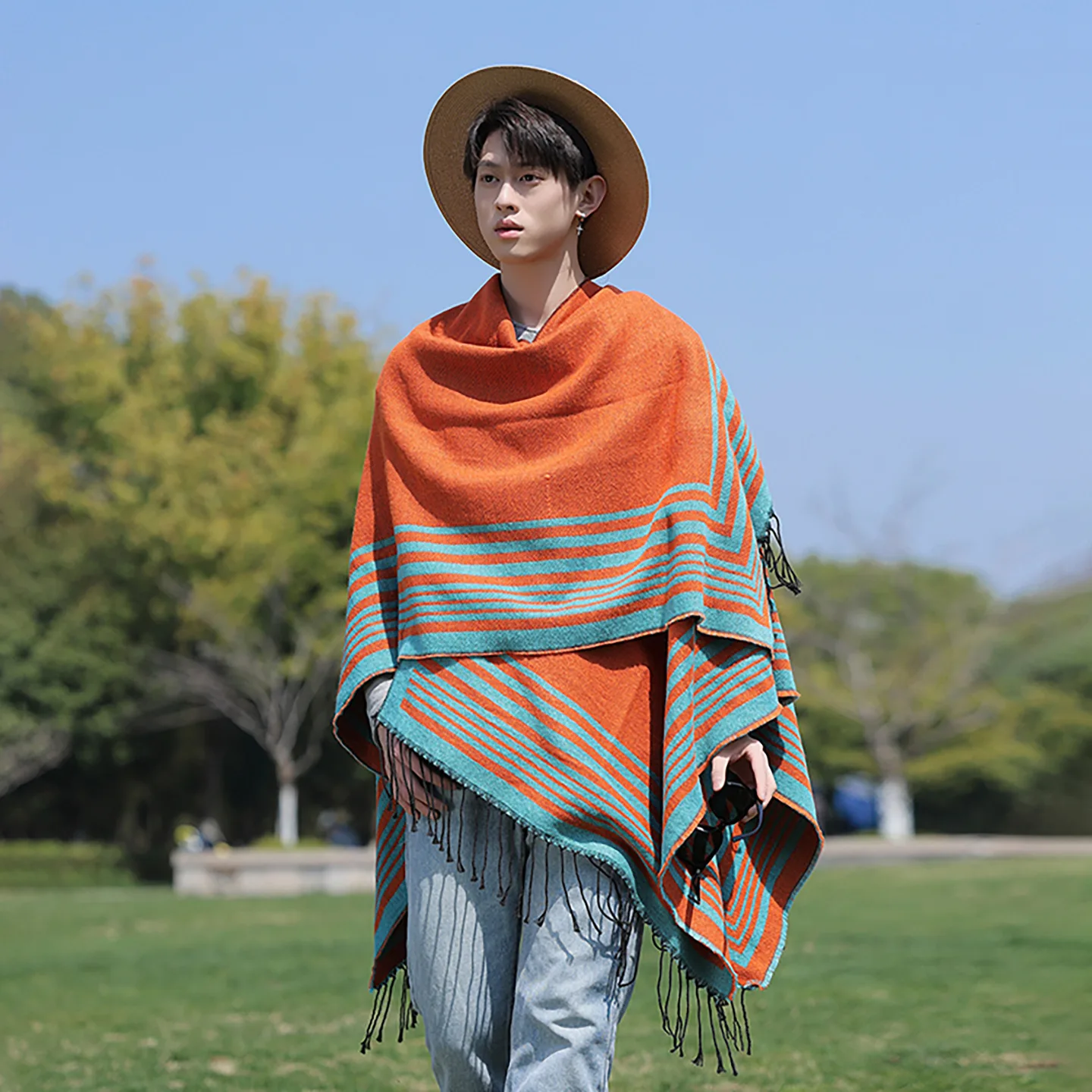 Tourist Cloak Men's Cape Ethnic Style Photo Shoot Split Shawl Spring and Autumn Self Driving Tour Poncho Cloak P1