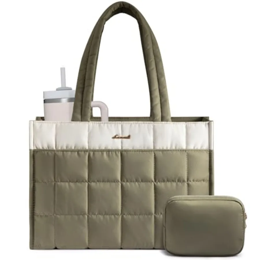 

Tote Bag for Women Puffer Work Handbag 17 Inch Laptop Purse for Nurse Teacher Large Quilted Travel Tote Shoulder Bag with Zippe