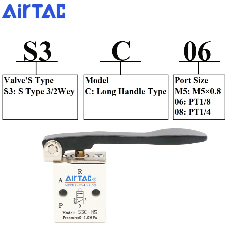 AirTAC Original S3C-M5 S3C-06 S3C-08 3/2 Way Long Handle Type Pneumatic Manual Control Air Switch Mechanical Valve