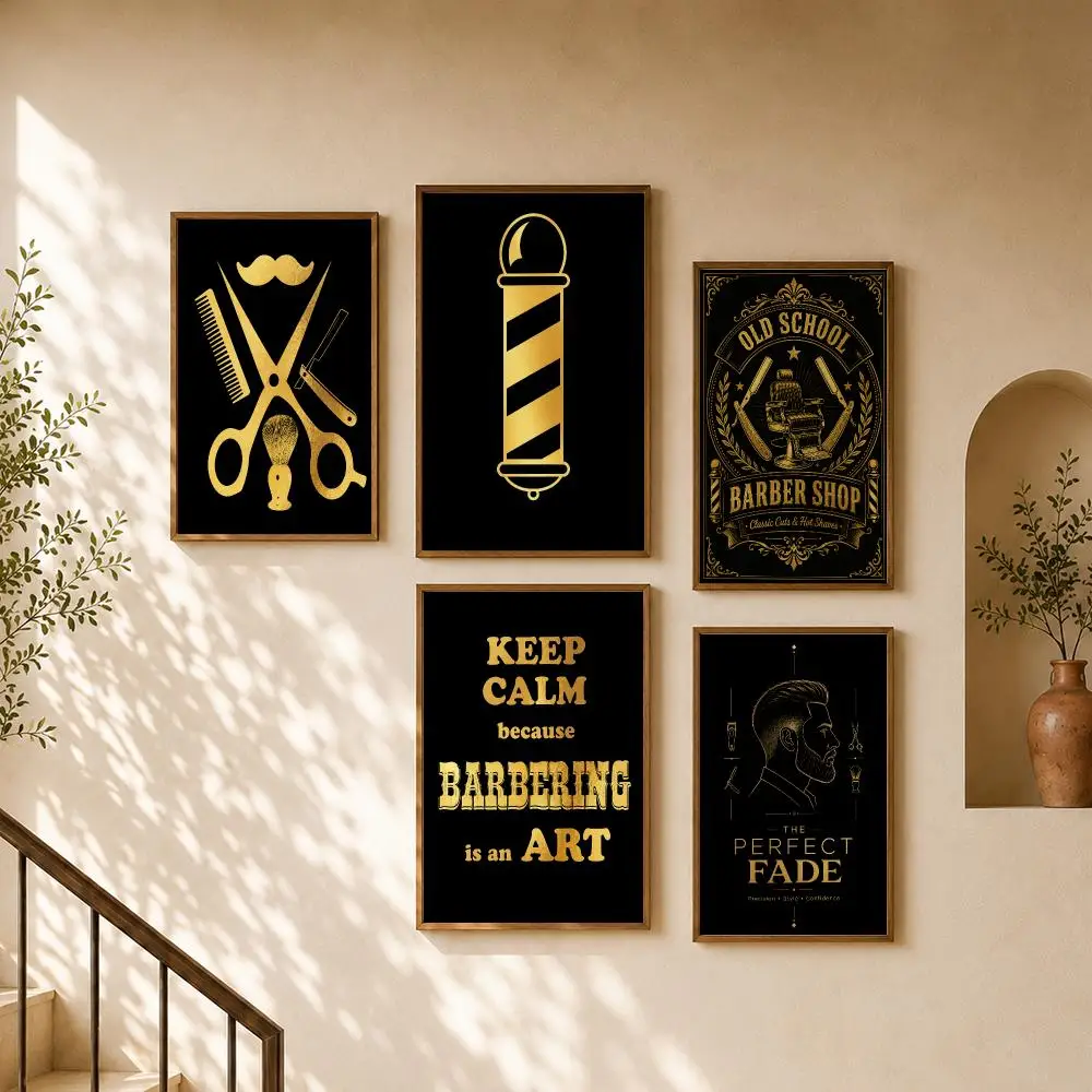 Vintage Barber Shop Black Gold Grooming Tools Typography Poster Home Room Bar Cafe Club Decor Aesthetic Art Wall Painting