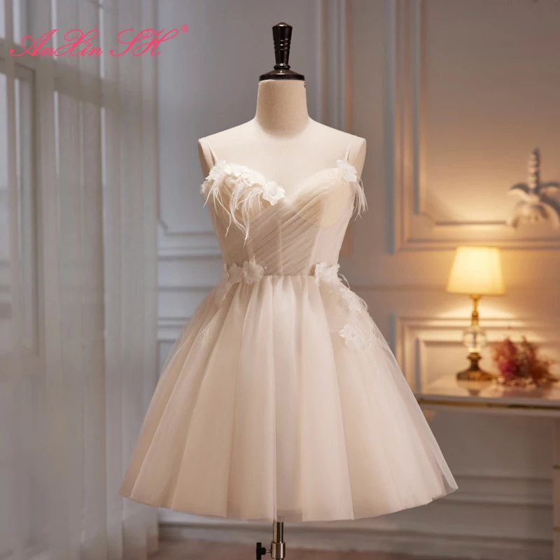 

AnXin SH принцесса белое цветочное кружево на тонких бретельках без рукавов с перьями короткое вечернее платье по индивидуальному заказу маленькое белое платье