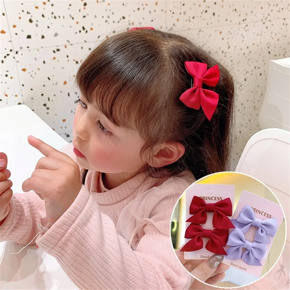 2Pcs/Set Hair Clips Solid Color Grosgrain Ribbon Bowknot Baby Hair Pins Bangs Barrettes Photo Props Gifts