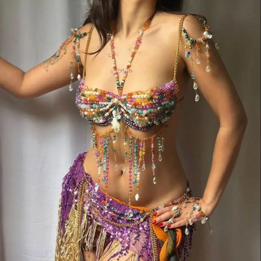 New European-American Sexy Diva Color Gemstone Body Chain Metal Chain-Decorated Openwork Stage Costume