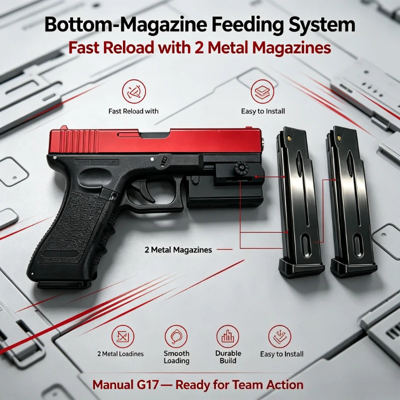 Manual G17 Soft Foam Toy Blaster, Bottom‑Magazine with Red Dot Sight Kit for Outdoor CS Game Kids Play Toy