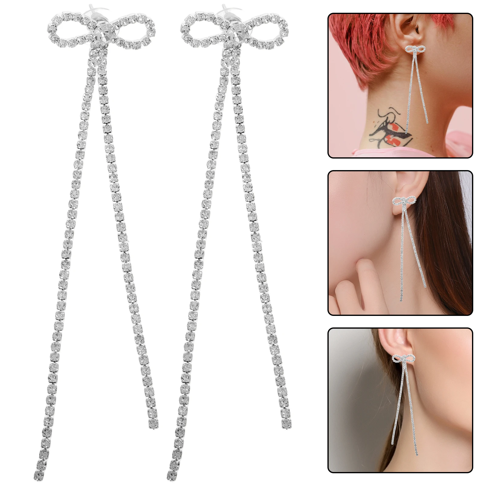 

1 Pair Sparkly Rhinestone Bow Tassel Dangle Earrings For Women Lightweight Comfortable Daily Wear Studs Tiny Decorative Jewelry