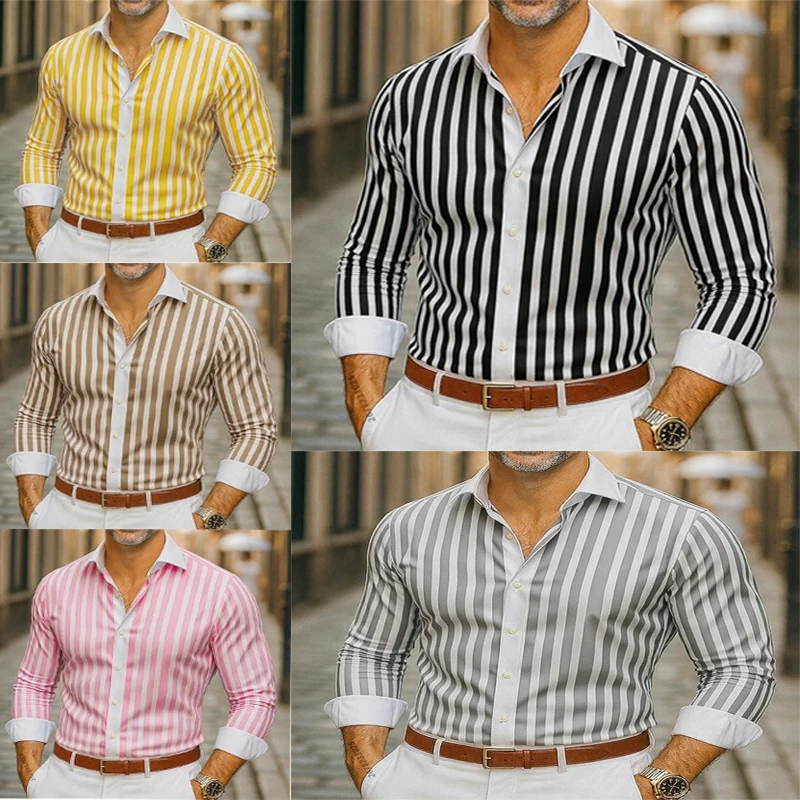 Funny 3D Stripe Print Men's Long Sleeve Shirts Business Casual Social Shirt Fashion Single Breasted Loose Tops Autumn Clothing