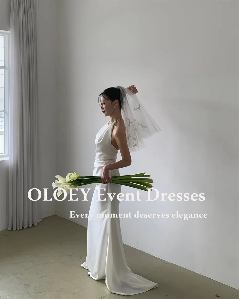 OLOEY بسيط الرسن حورية البحر فستان الزفاف كوريا صورة تبادل لاطلاق النار طول الأرض بلا أكمام ثوب الزفاف البريدي الخلفي الطيات الساتان حسب الطلب