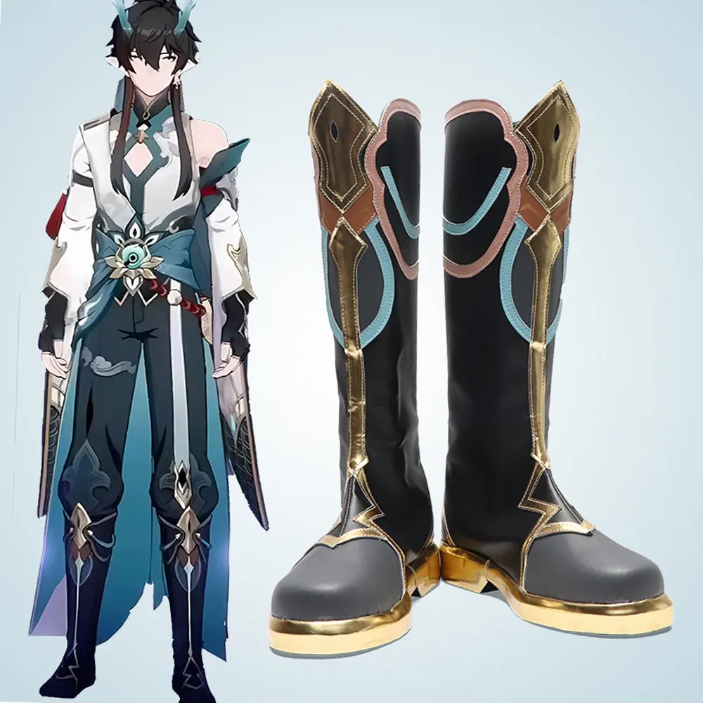Anime Honkai: Star Rail Dan Heng·Imbibitor Lunae Cosplay Shoes Black Medium-Long PU Leather Boots For Halloween Carnival