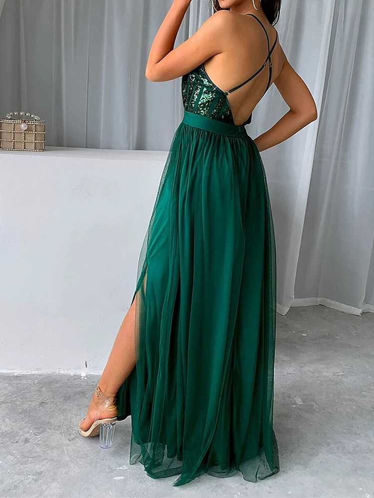 Fashion Split Splicing Slim Long Dress Elegant Wrap Hip V-neck Suspender Dress Women's Sexy Sleeveless Hight Waist Green Dress