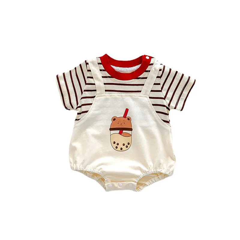 New Summer Baby Boys Girls Clothing Cute Cartoon Striped Patchwork Bodysuit Toddler Short Sleeve One Piece Clothes 0-2 Y