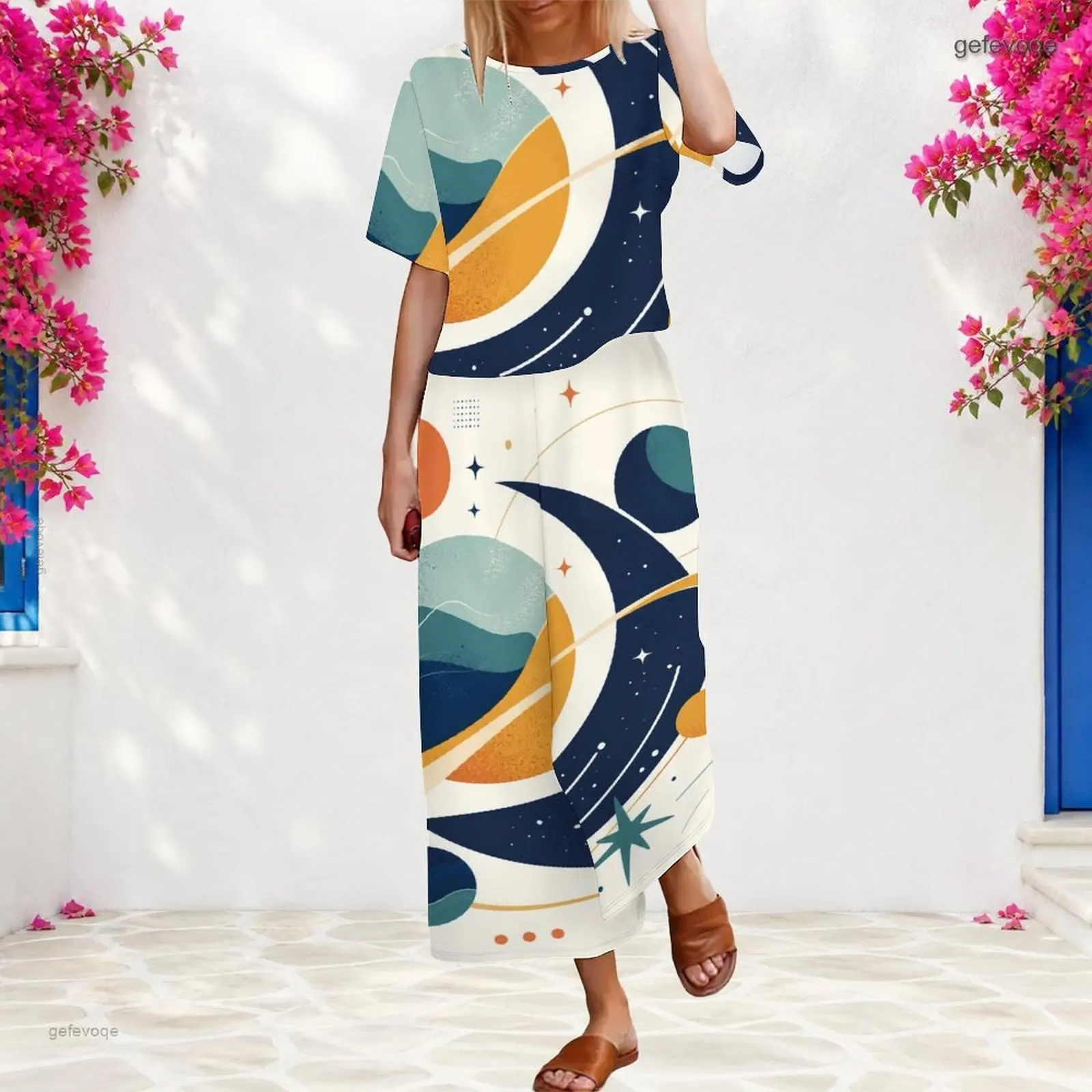 Women 2 Piece Outfit Round Neck Short Sleeve Top With Elastic Waist Wide Leg Pants Set Custom Print Ladies Casual Loungewear