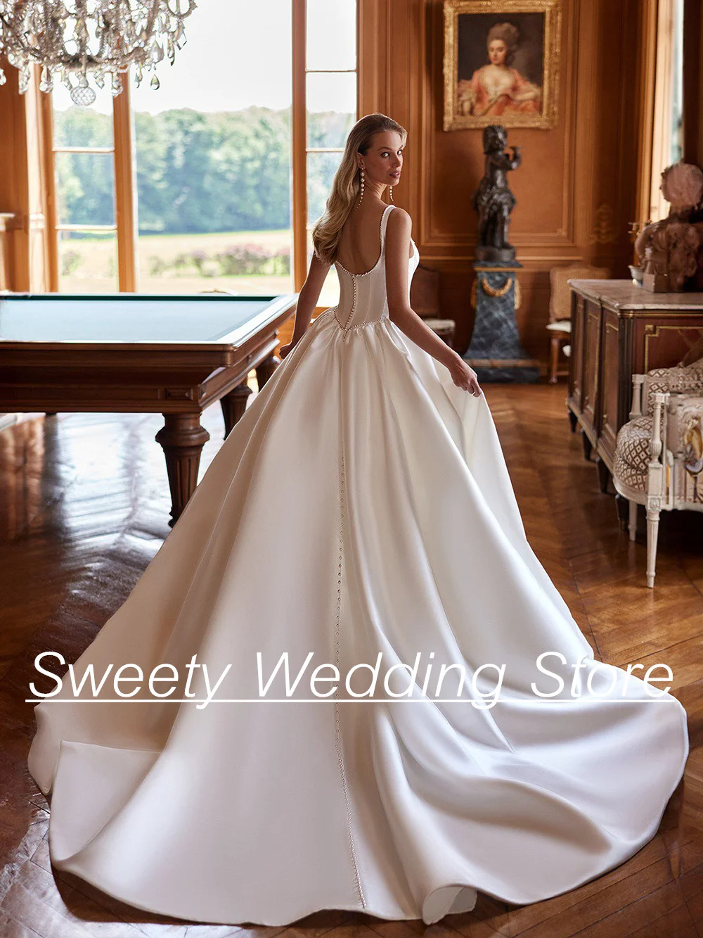 Robe de Mariée en Satin à Col Carré et Dos Ouvert, Vêtement de Patients avec Perles, Ligne A, Taille Personnalisée