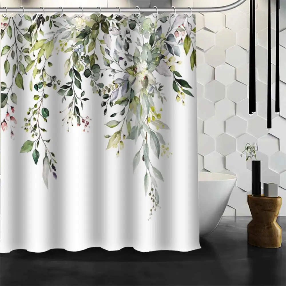 

Watercolor Leaves on The Top Plant with Floral Bathroom Decoration Shower Curtain 180x180CM with Hooks