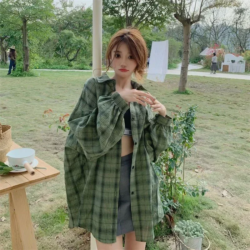 

Корейская свободная женская рубашка в стиле лэйзи, винтажная однобортная блузка с рукавами-фонариками, женская уличная одежда в стиле Харадзюку, кардиган-рубашка