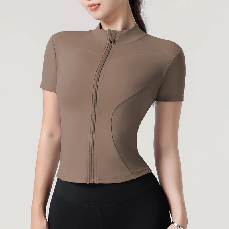Casual Slim Fit Women's Sports Top Zip Front Short Sleeve Workout Shirt Stand Collar Solid Color Yoga Top Summer