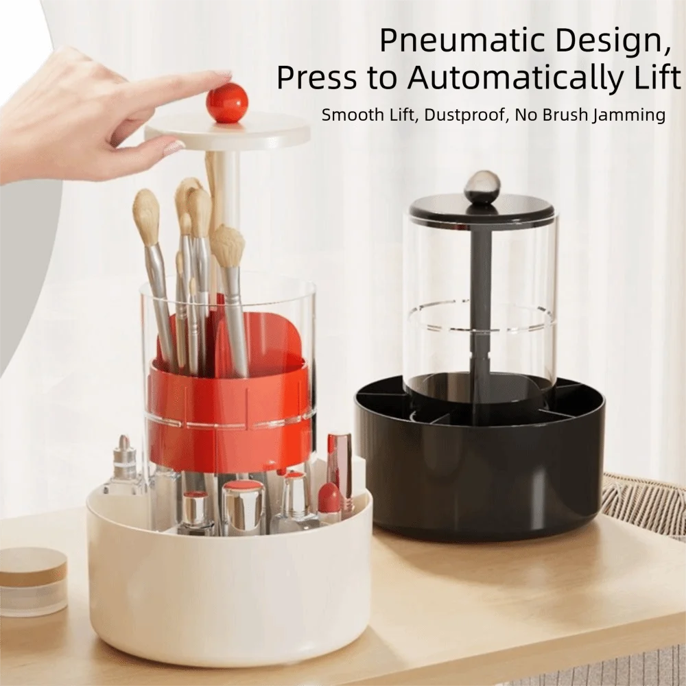 4 Slots Makeup Brush Holder Press Type Plastic Material Makeup Brush Organizer 360-Degree Rotatable Lifting Design