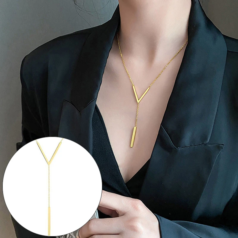 Stainless Steel V-Shaped Long Sexy Clavicle Necklace Ladies And Girls Stainless Steel Gold Colour Chain Necklace Party Jewelry