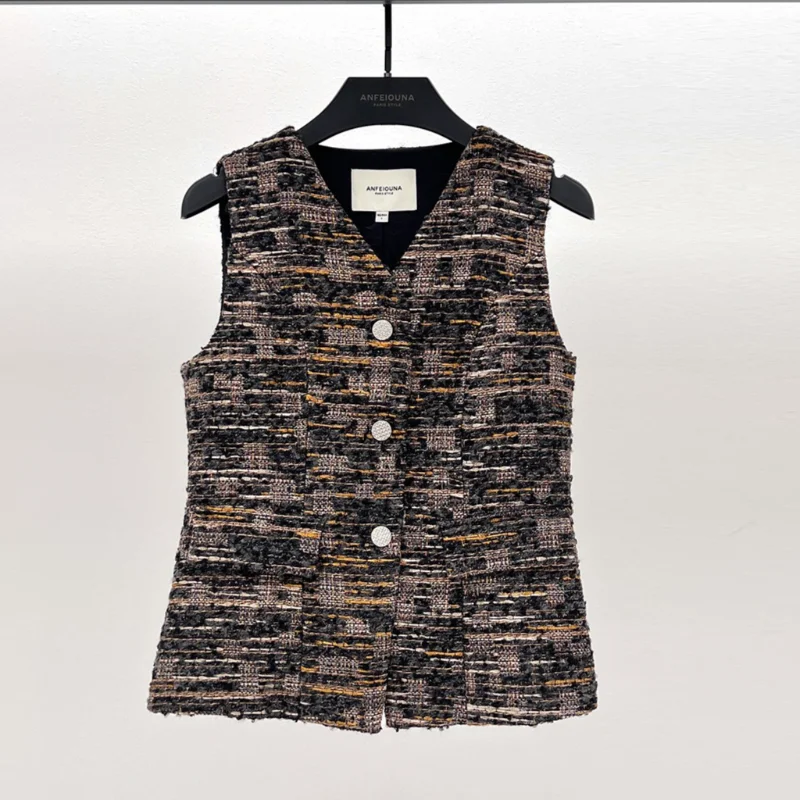 Fragrance V-neck Bright Silk Vintage Sleeveless Vest Coat Fashion Single-breasted Slim High Quality French Vest Women's Coat