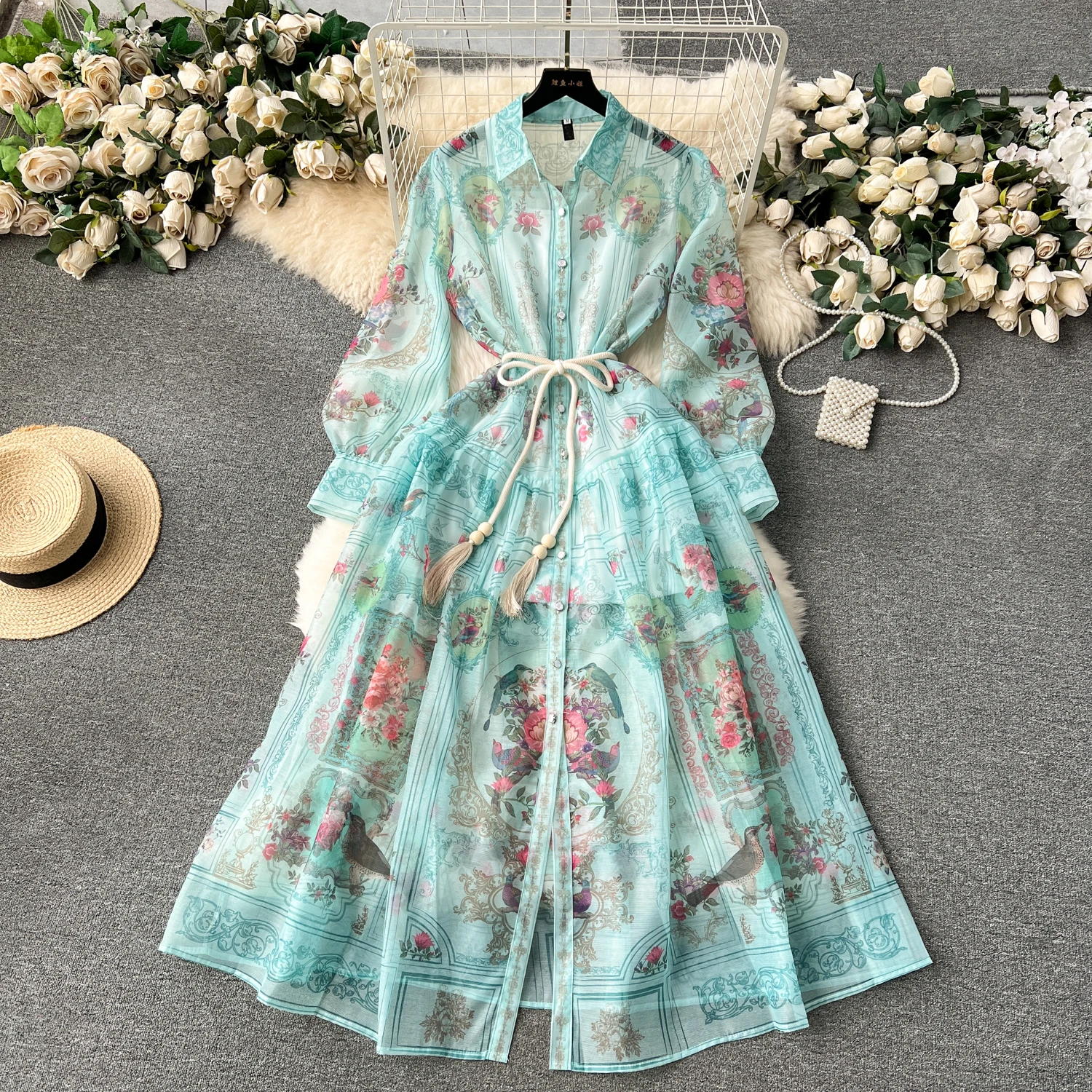 Vintage  Print Elegant  A-line lool Sleeve Bandage loose Turn-down Collar Dress Casual Women  Fashion summer Spring dresses