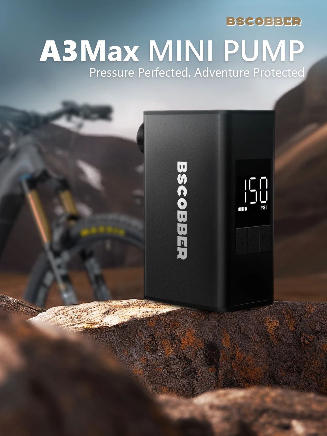 BSCOBBER Mini-Luftkompressor, Fahrradpumpe für Mountainbike-Reifen, tragbarer Fahrradreifenfüller mit digitaler Anzeige, 150 PSI, Kies – Detail 1