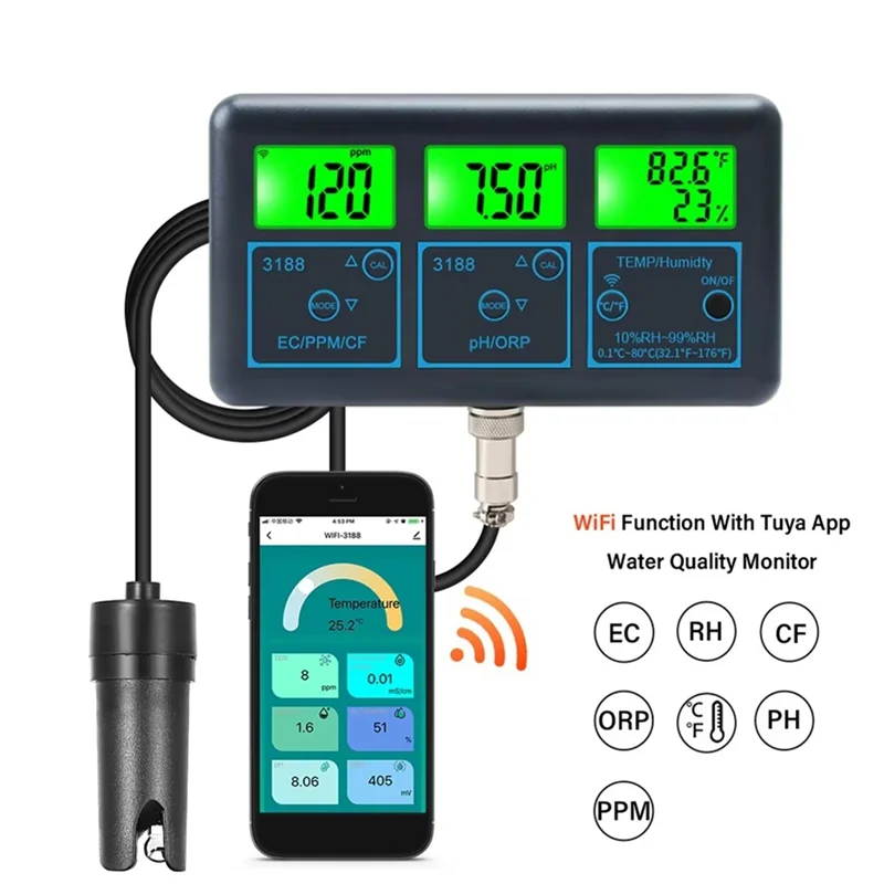 ABKN-Tuya Wifi 7 In1 Water Quality Tester Multi-Parameter Water Analyzer PH/ORP/EC/PPM/CF/Humidity/TEMP Monitor Meter US Plug