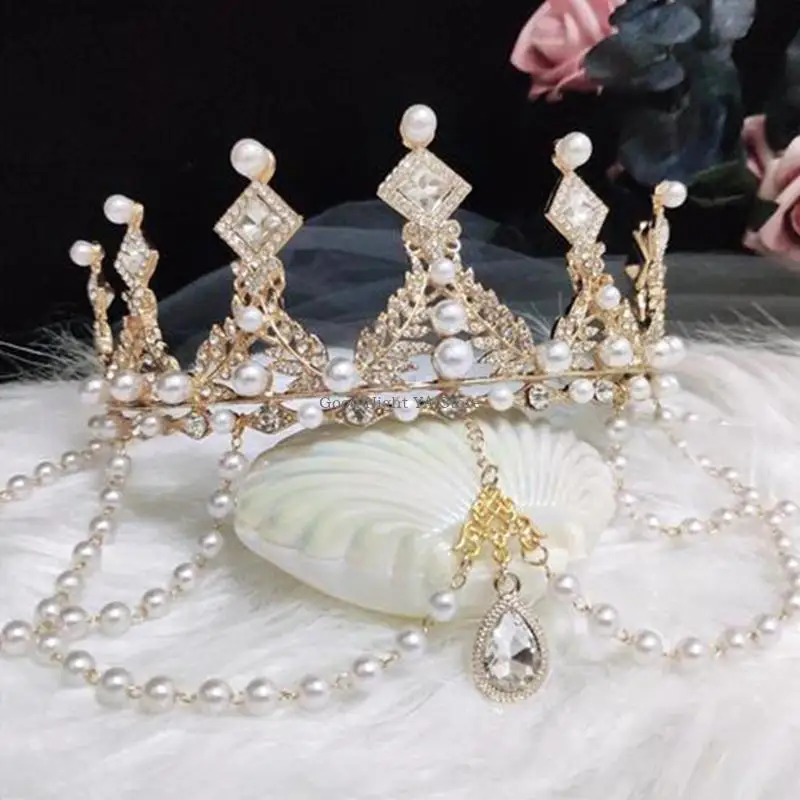 

Vintage Pearl Queen Crown for Women Royal Wedding Tiaras and Crowns for Bride Jewelries Fit Birthday Pageant Prom