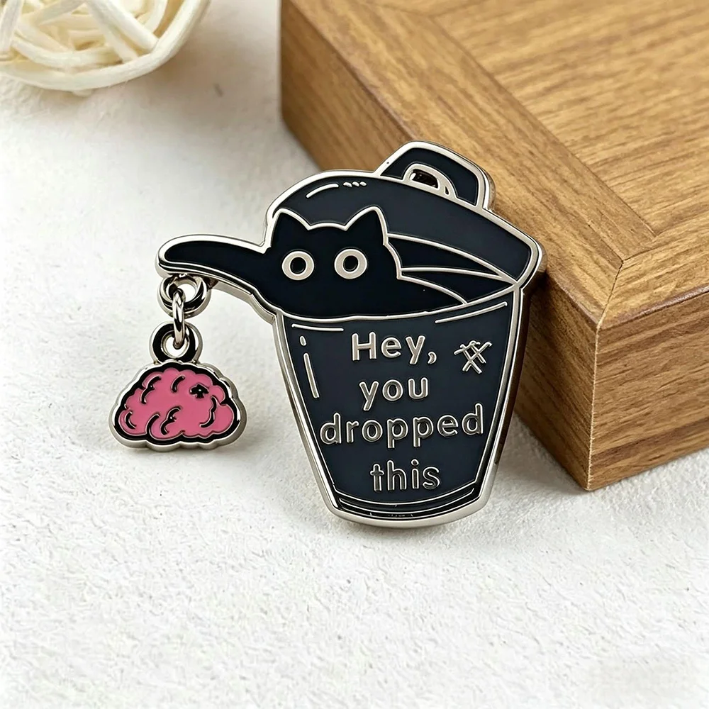2Pcs Funny Cat Trash Can Enamel Pins 