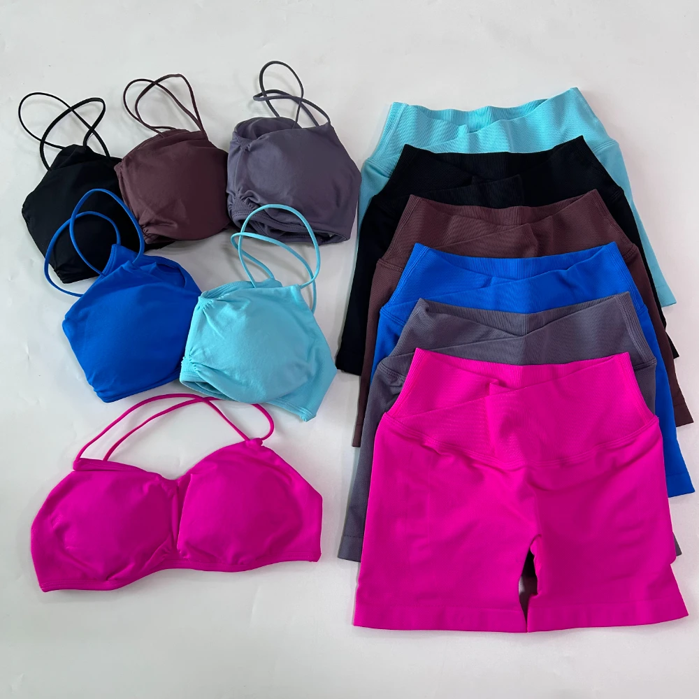 Pericic Gym-Set für Damen: Sporttop, High-Waist-Shorts mit Raffung, nahtlos, Fitness-BH, Sportanzug, Workout-Set, Sportbekleidung, 2-teiliges Set – Detail 10