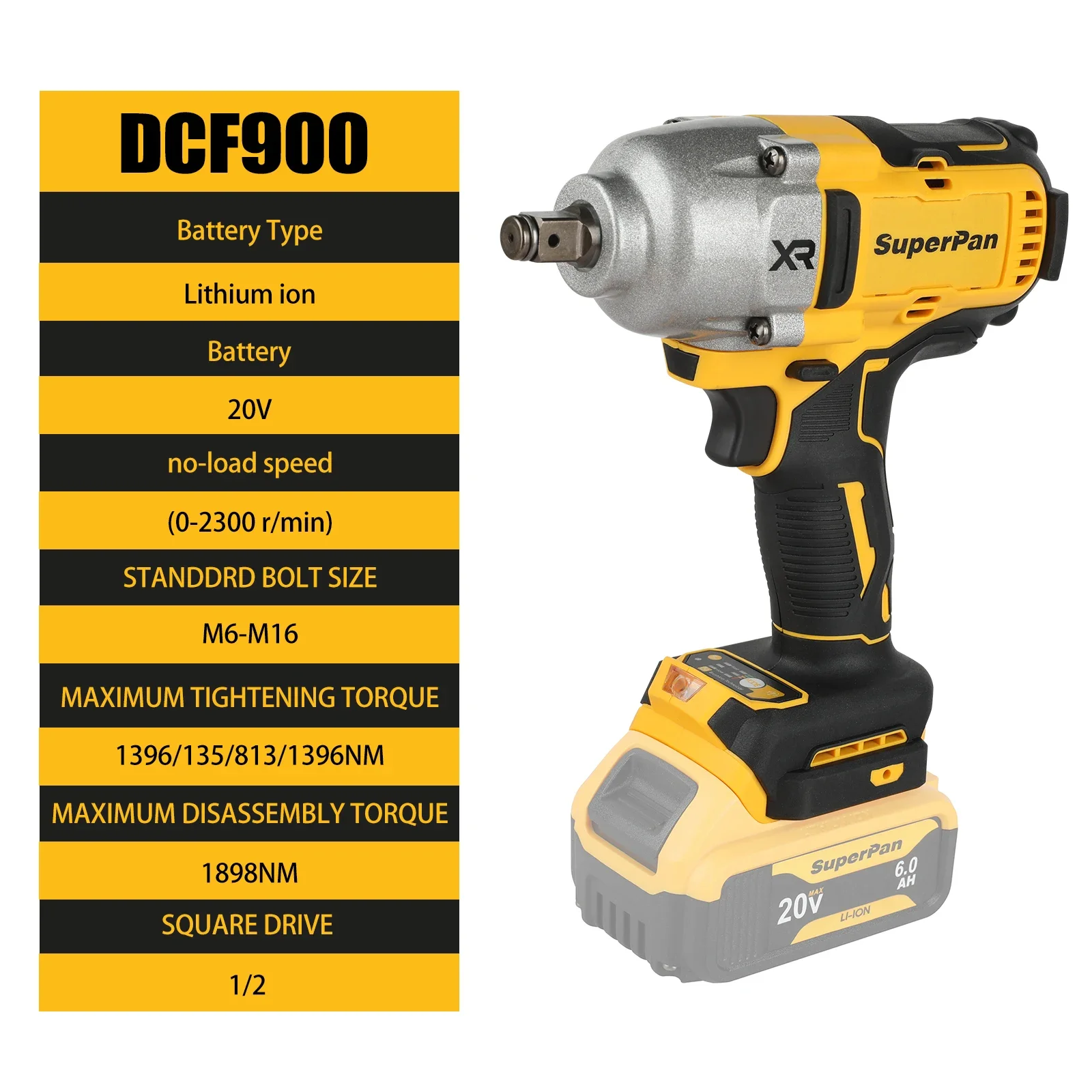 

High Torque Superpan DCF900 20V Wireless Impact Wrench - 1/2 Universal Brushless Power Tool