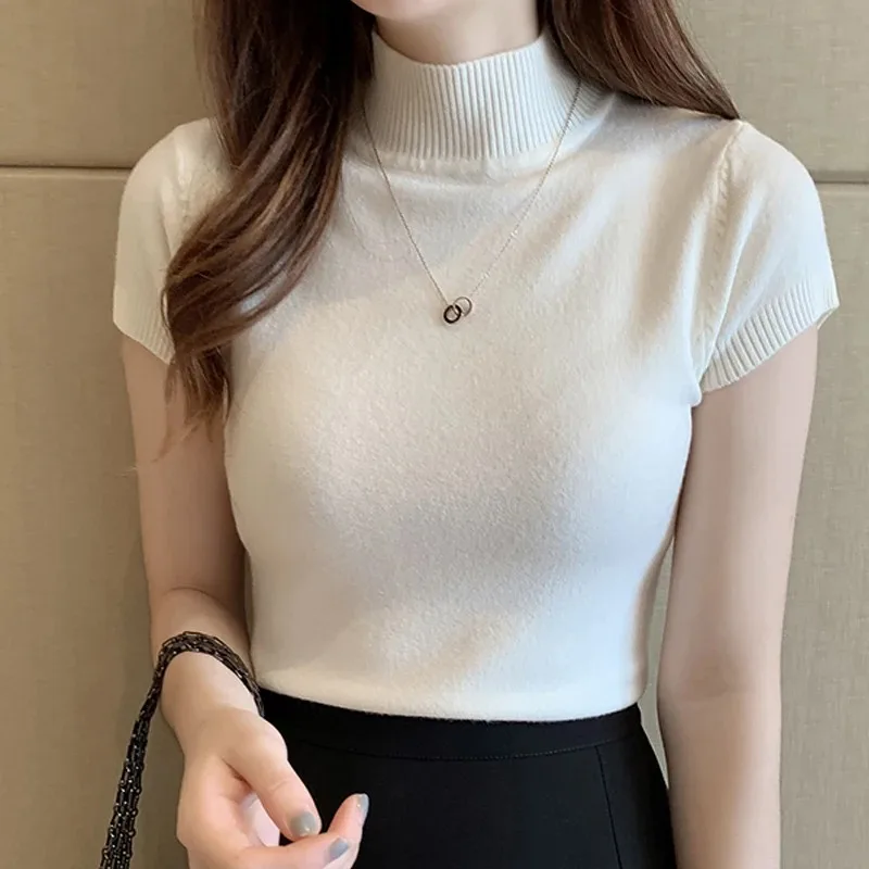 Korean Knitted Women Tops Mujer De Moda 2024 Casual Women Clothing  Summer Solid Slim Half High Collar Blouse Blusas 8622 50