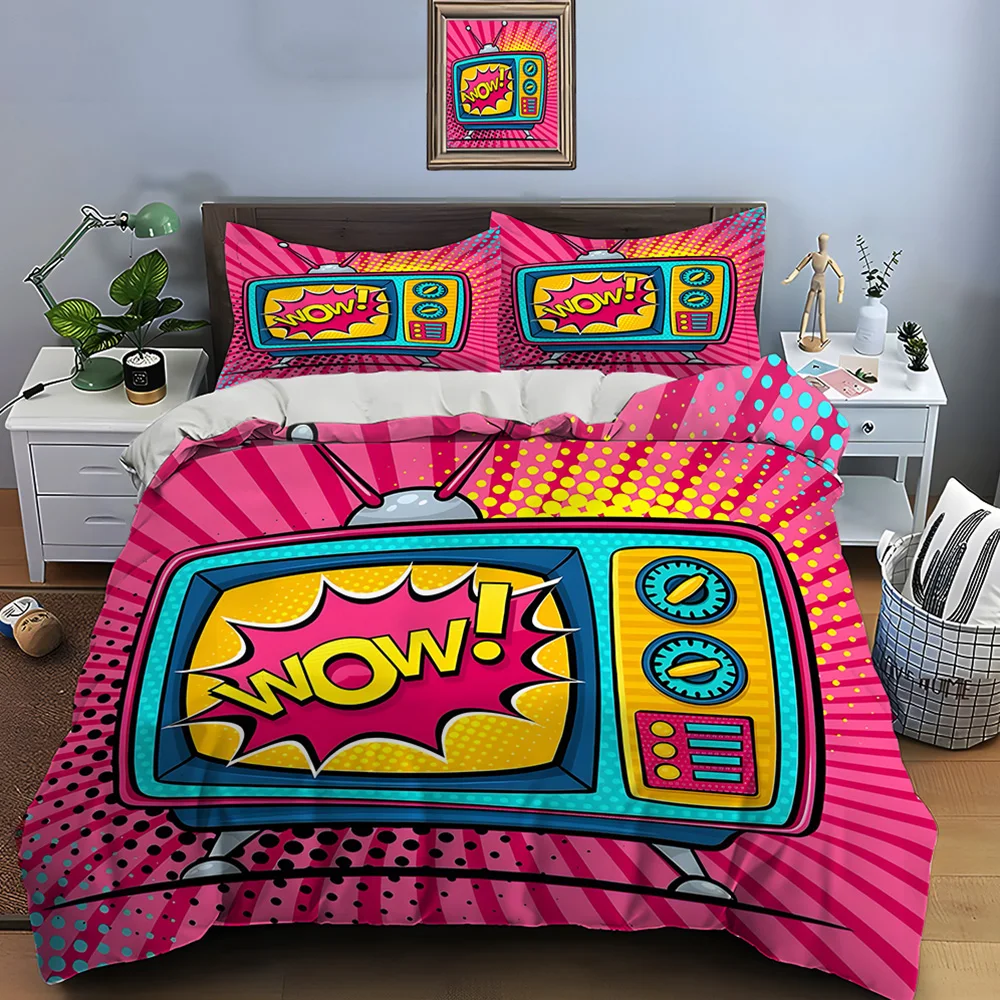 Retro TV with Comic Style Bedding Set for Kids Luxury Gift 3pcs Digital Print Comforter Set Soft Comfortable Breathable