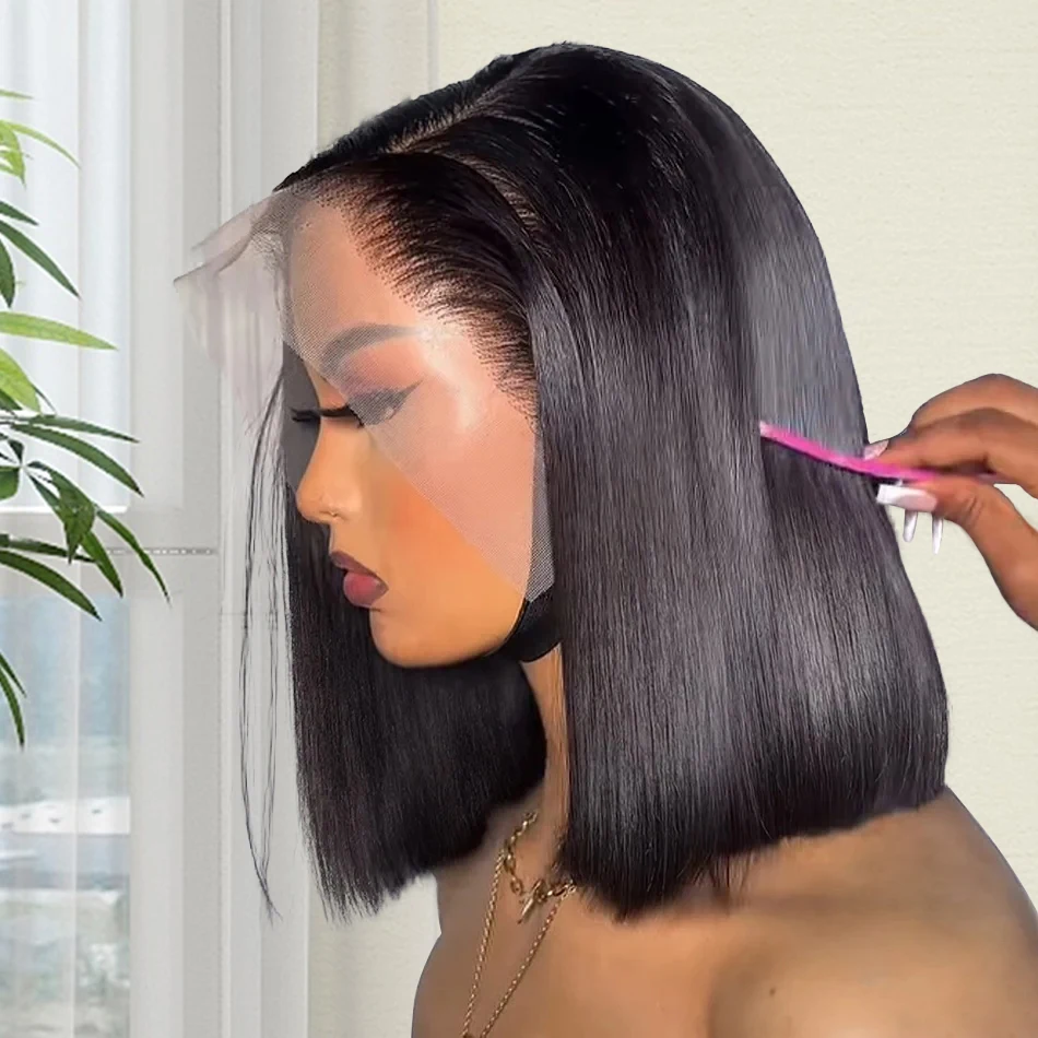 

220% Short Bob 13x4 Bone Straight Lace Front Wigs Remy 100% Human Hair Preplucked 4x4 Transparent Lace Frontal Wig 12 14 16 Inch